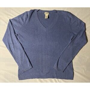 LL Bean Sweater Womens Large V Neck Ribbed Blue Lightweight